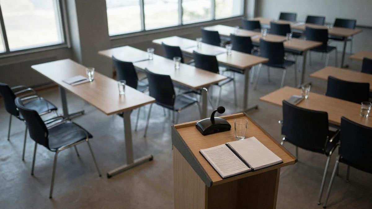 Illustrative image: overhead view of a conference room set up for a medical symposium