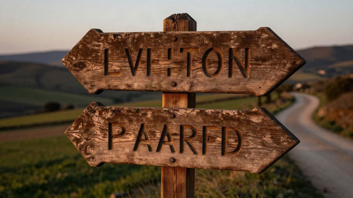 Imagen ilustrativa: detalle de un poste de madera con flechas talladas en un paisaje rural al atardecer