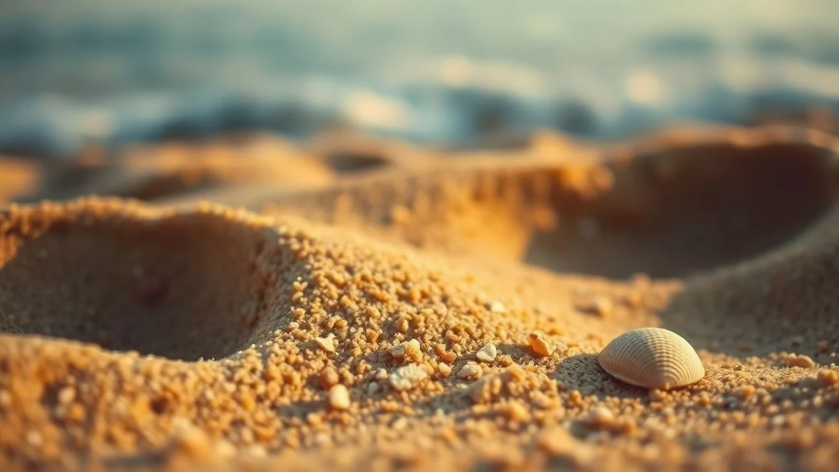 Primer plano de arena de playa con una concha y olas de fondo al atardecer en la Costa del Sol
