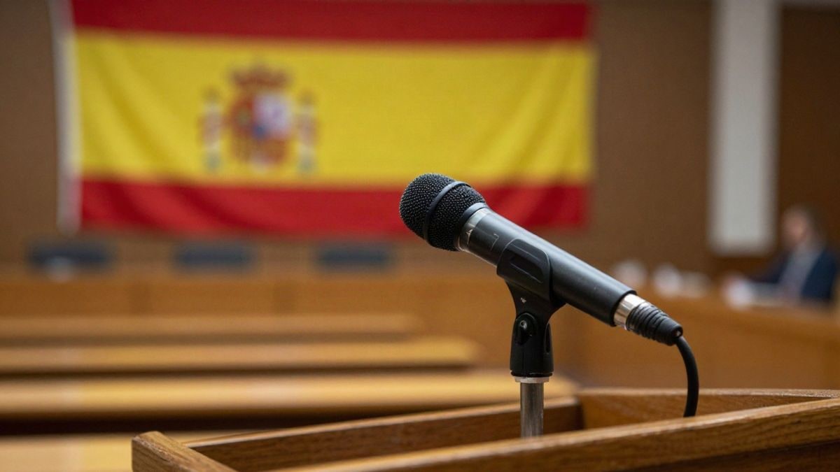 Imagen ilustrativa: un atril con un micrófono en una sala institucional vacía, con luz lateral dramática.