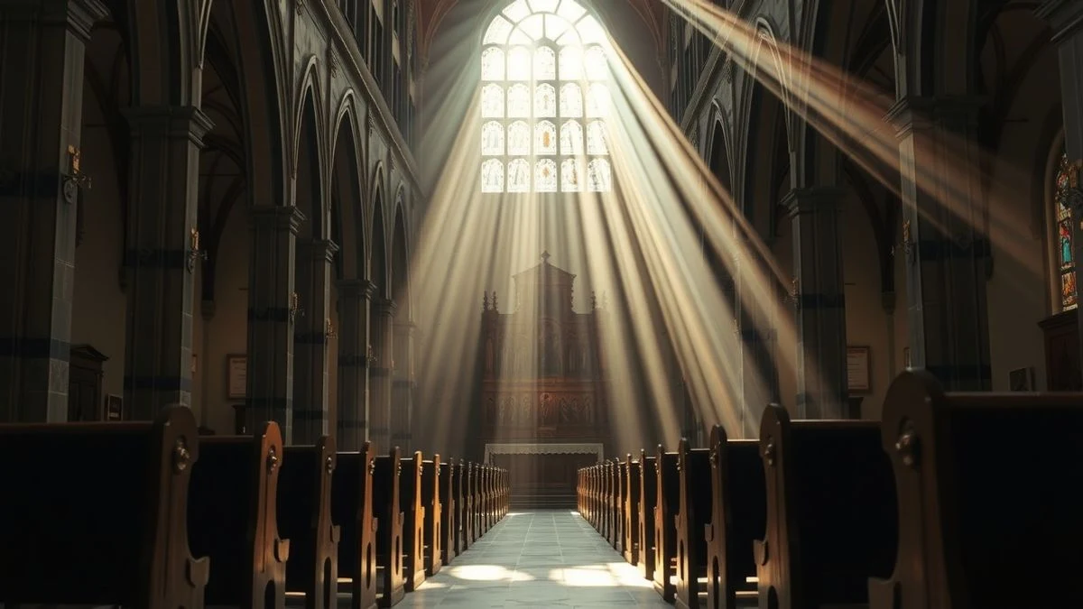 Empty interior of a cathedral with rays of sunlight and wooden benches