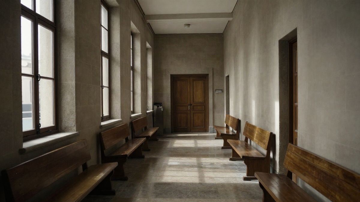 Imagen ilustrativa: pasillo de un edificio judicial con luz natural entrando por ventanas laterales y bancos vacíos