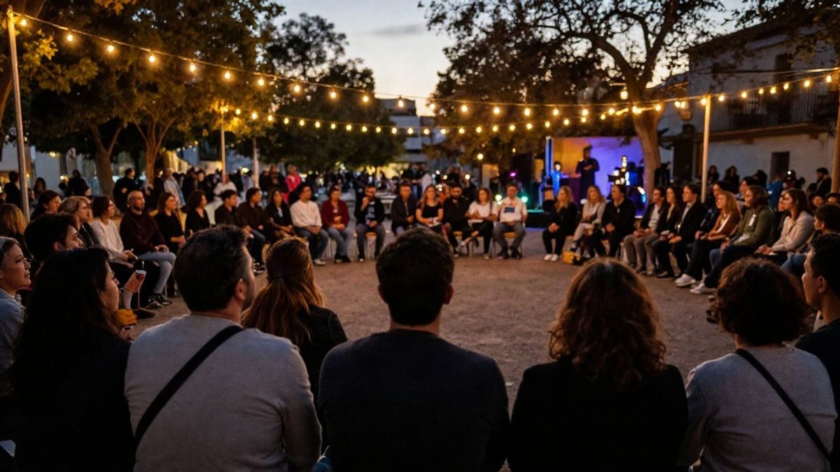 Imagen ilustrativa: un parque con luces festivas y mesas largas al atardecer, con siluetas de personas de fondo y un escenario a lo lejos.