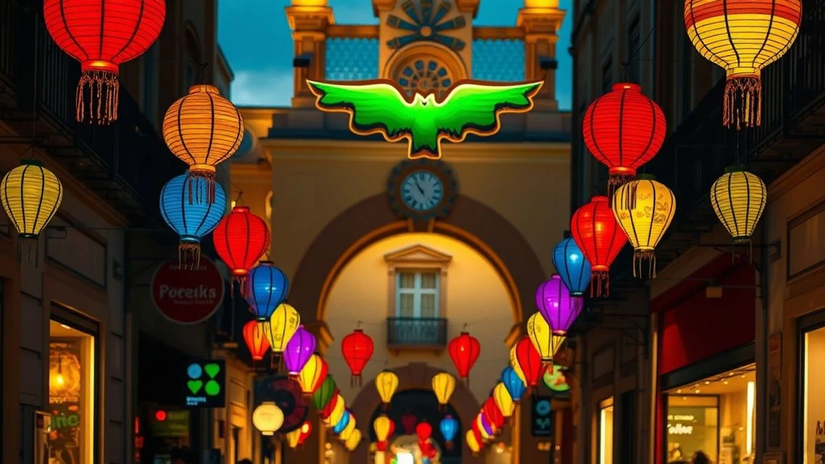 Imagen ilustrativa: calle adornada con farolillos de colores y un arco decorativo al fondo