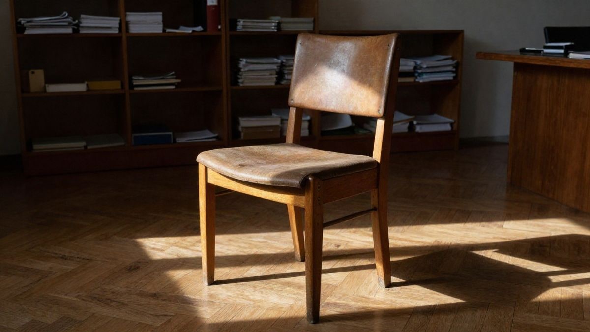 Imagen ilustrativa: una silla de madera con el asiento desgastado en una oficina municipal iluminada por la luz del sol.
