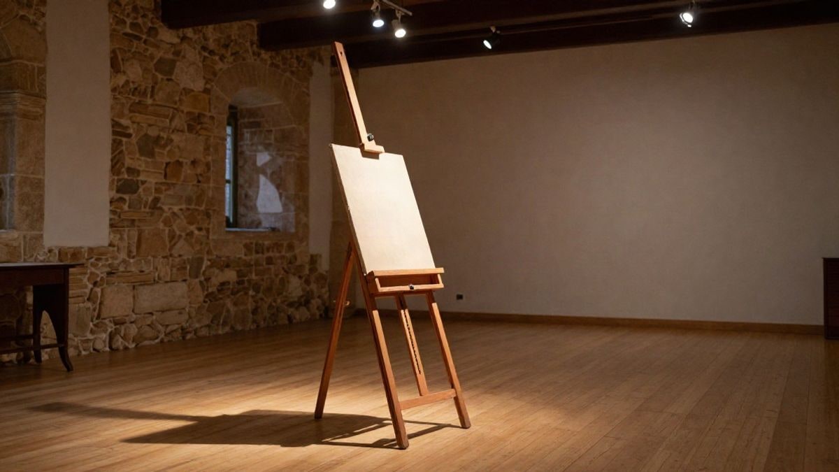 Imagen ilustrativa: un caballete con un cuadro en una sala de exposiciones de piedra iluminada por focos