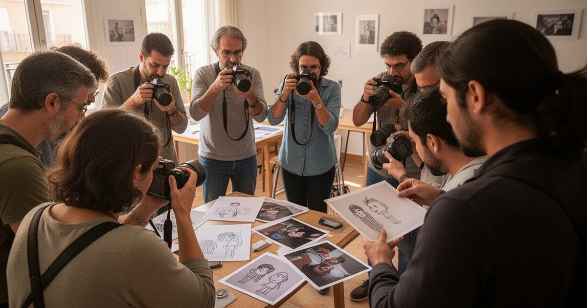 Taller de fotografía inclusivo en Nerja con personas mirando y manipulando imágenes