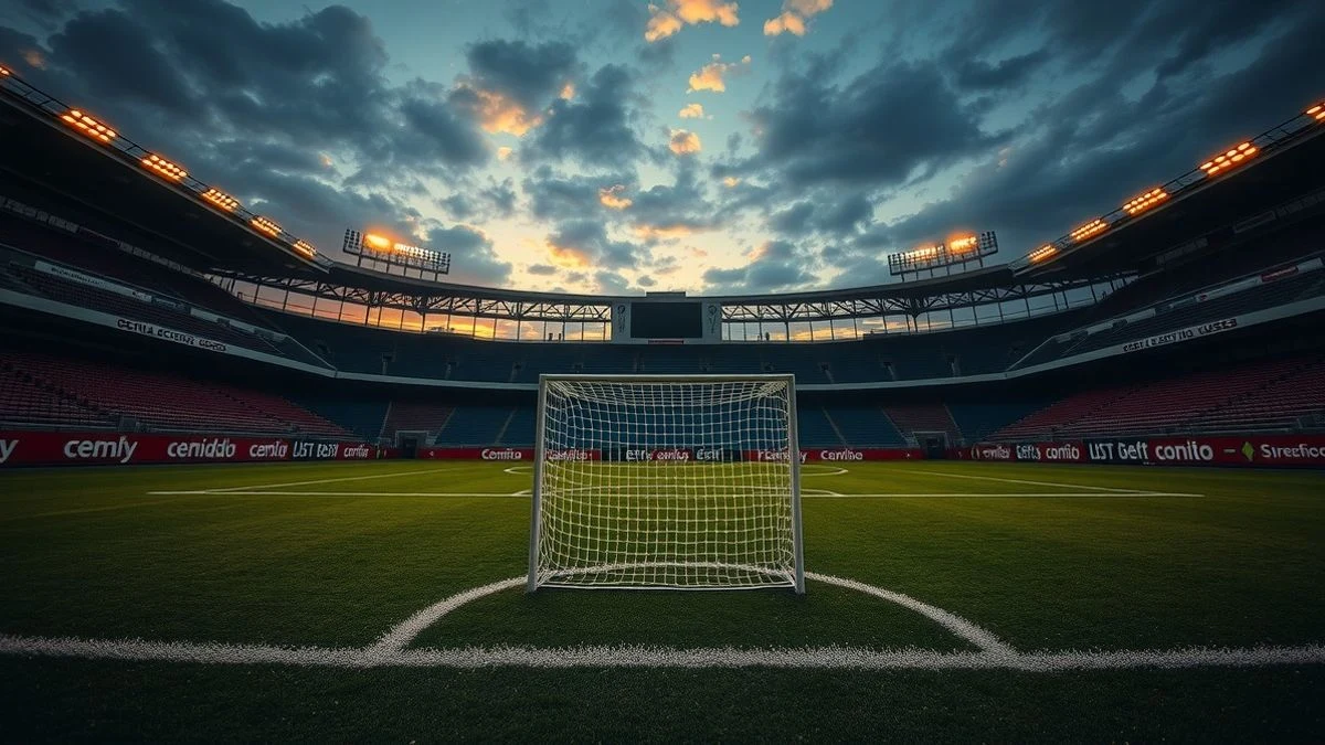 Imagen ilustrativa: un campo de fútbol vacío al atardecer, con una portería y red, y gradas de fondo
