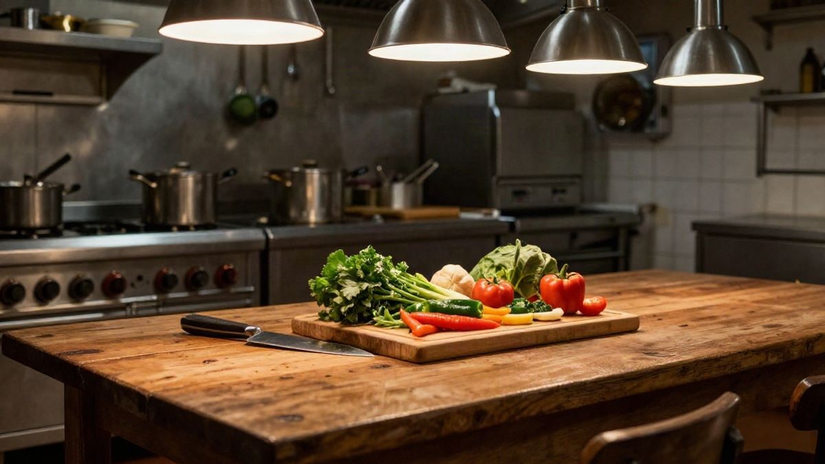 Illustrative image: chef's knife and fresh vegetables on a wooden board in a professional kitchen lit by hanging lamps.
