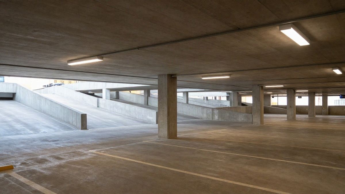 Imagen ilustrativa: interior de un aparcamiento subterráneo moderno con plazas vacías y luz lateral