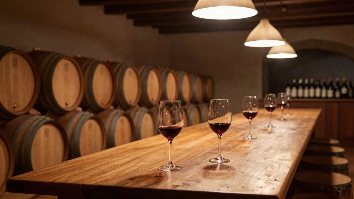 Illustrative image: winery with oak barrels and wine glasses on a wooden table