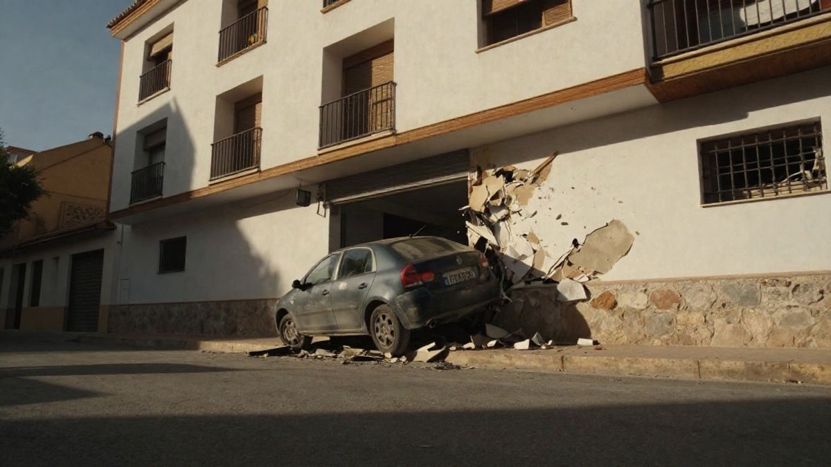 Imagen ilustrativa: un coche empotrado contra la fachada de un hotel genérico, con escombros en el suelo