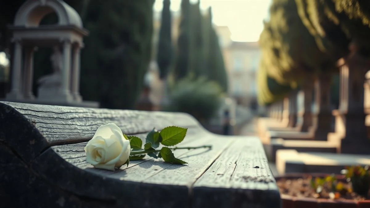 Imagen ilustrativa: una rosa blanca sobre un banco de piedra en un cementerio tranquilo, con luz suave entre cipreses.