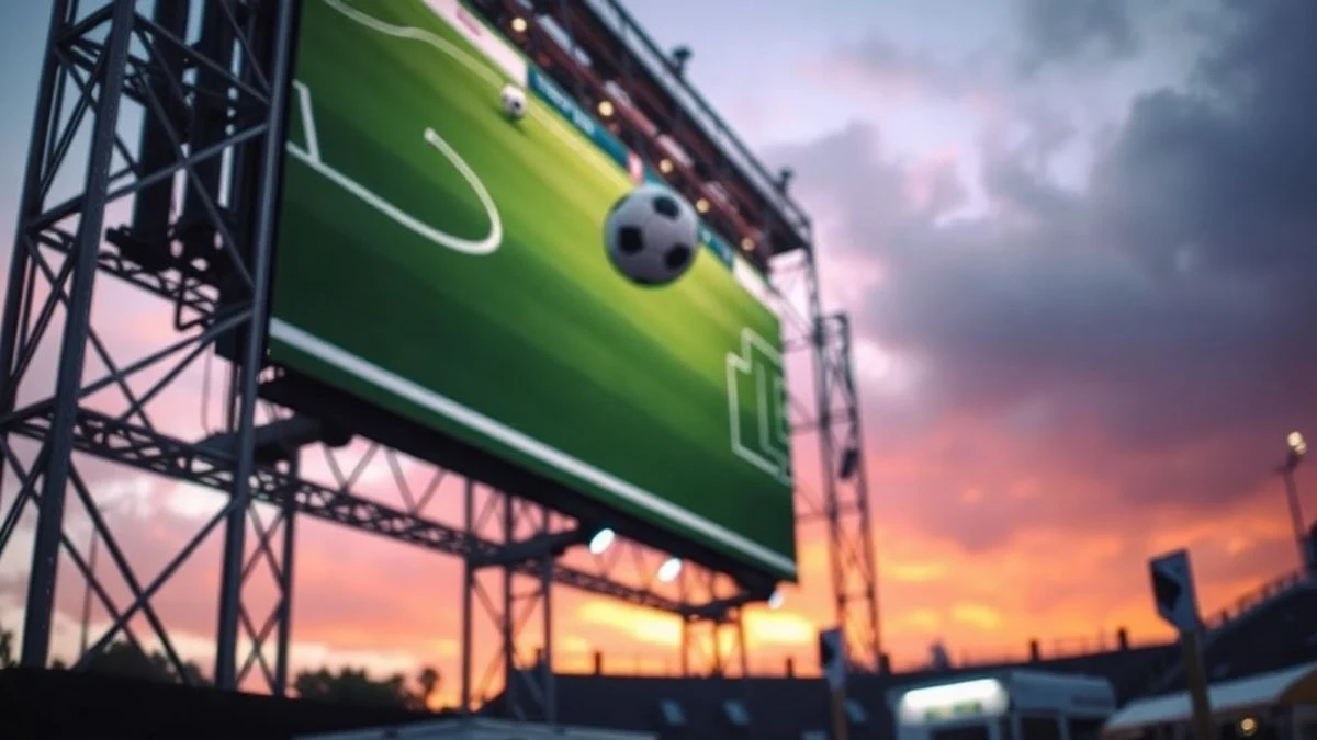 Outdoor giant LED screen at sunset, with a blurry football field on the screen and a food truck in the background