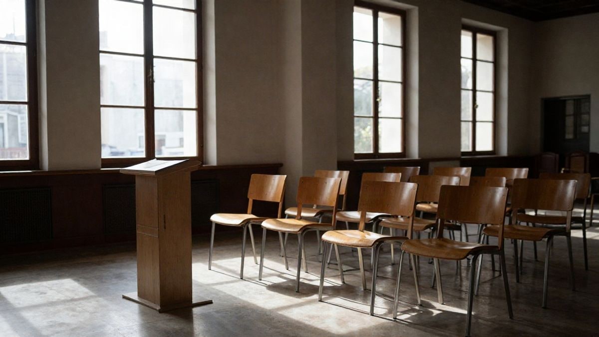Illustrative image: interior of an auditorium with chairs and a lectern under lateral natural light