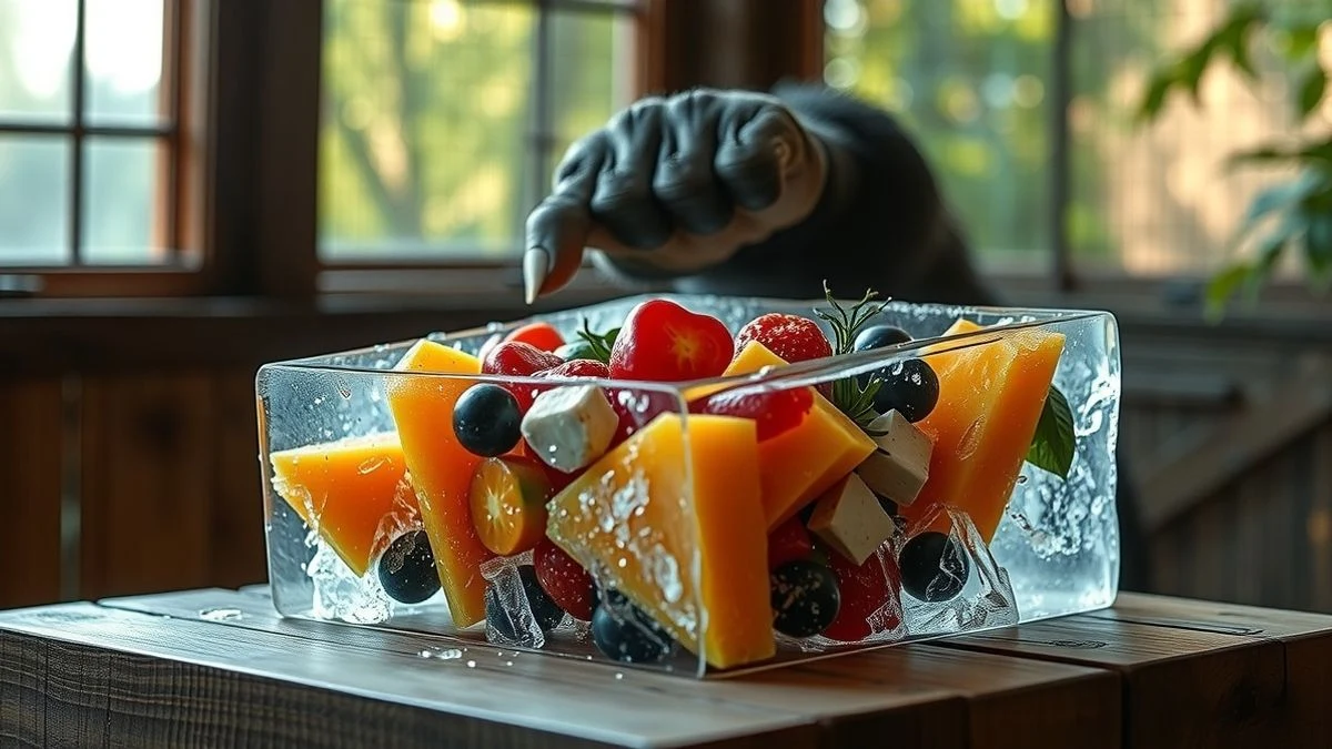 Imagen ilustrativa: un bloque de hielo con frutas y verduras en un recinto de zoo, con la mano de un gorila al fondo
