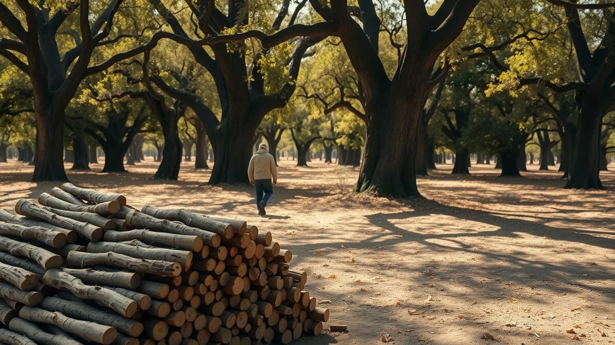 Stack of cork piled in a cork oak forest with a worker in the background