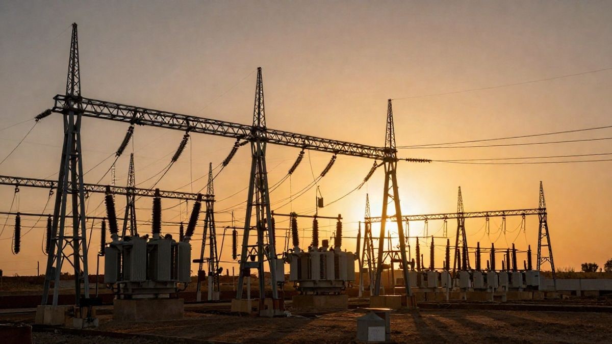 Imagen ilustrativa: subestación eléctrica con torres y transformadores al atardecer