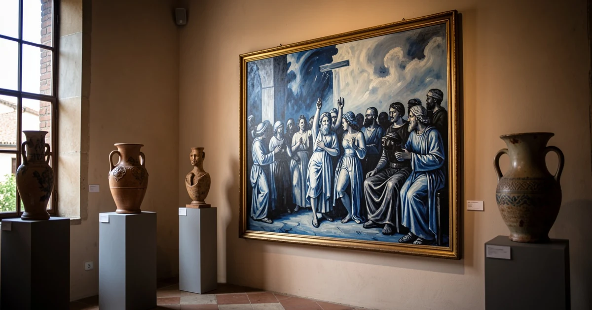 Óleo monumental en azules, blancos y negros con esculturas cerámicas en un centro cultural
