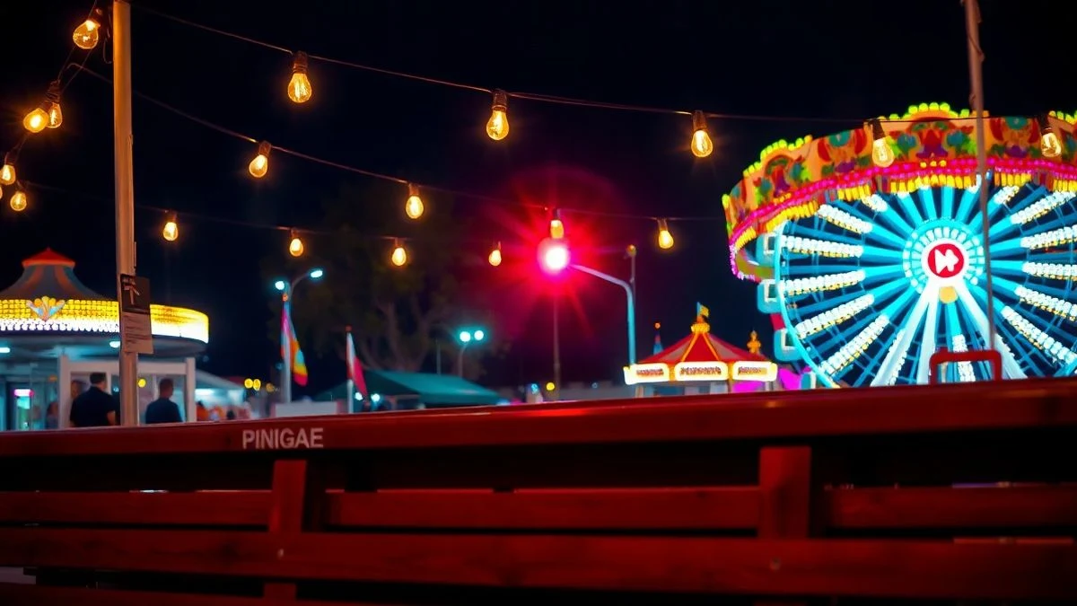 Imagen ilustrativa: un recinto ferial iluminado de noche con noria y luces de colores