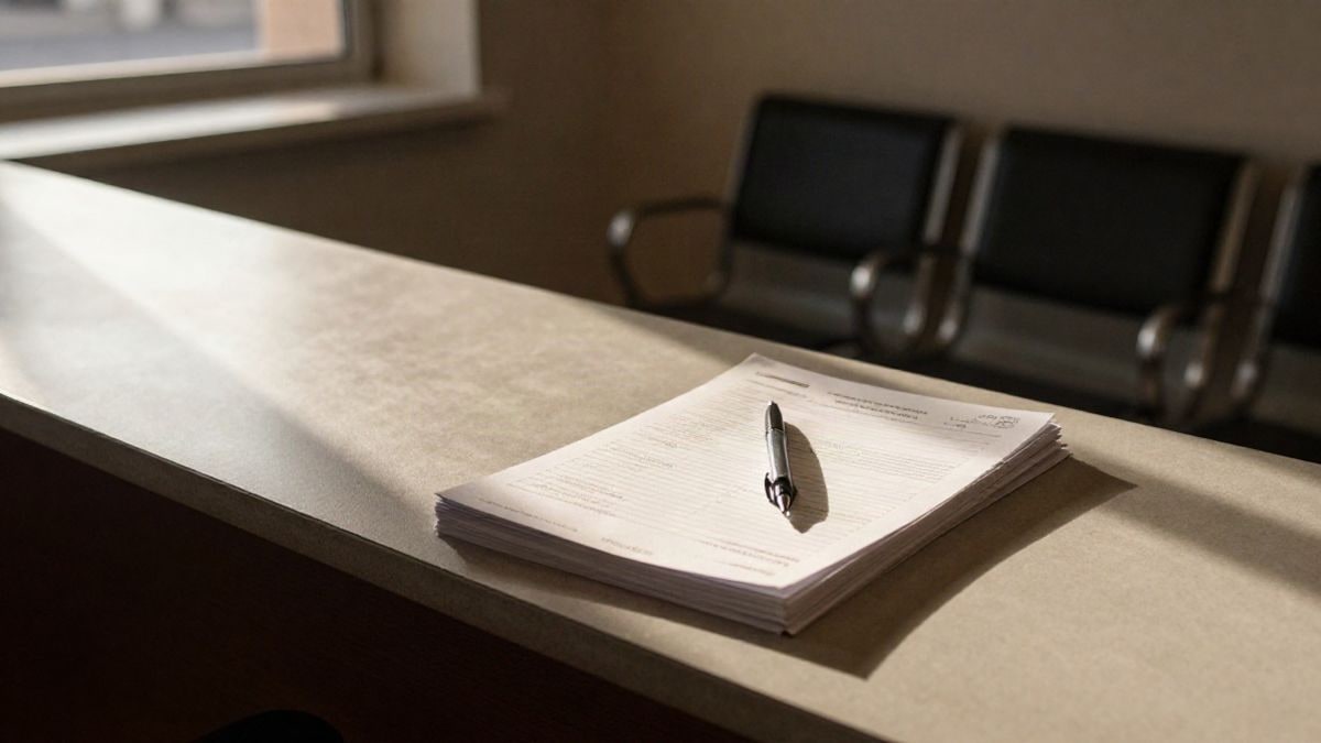 Illustrative image: municipal office counter with blank forms and a pen under a window light