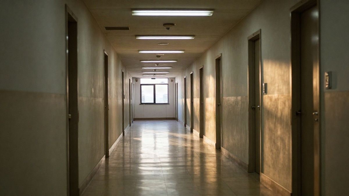 Imagen ilustrativa: pasillo universitario vacío con líneas que convergen hacia el fondo