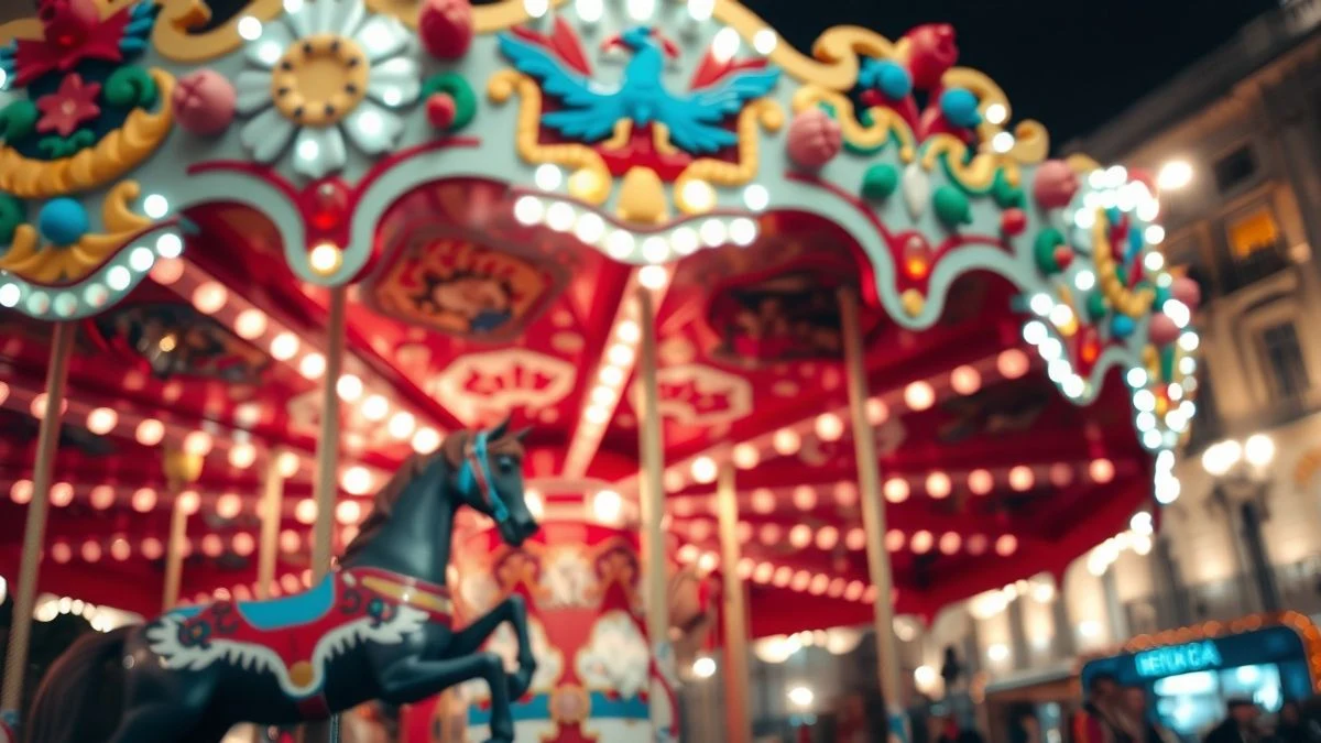Imagen ilustrativa: un carrusel iluminado al atardecer en una feria de barrio, con luces de colores desenfocadas al fondo.