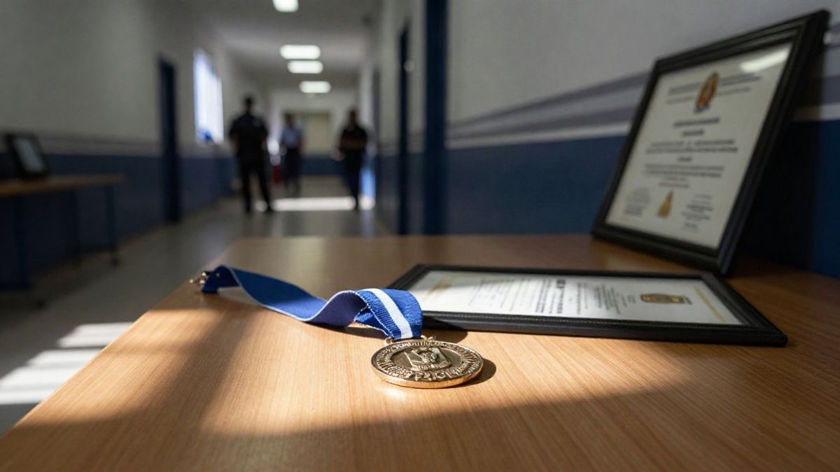 Illustrative image: police medal and diploma on a wooden table in a police station
