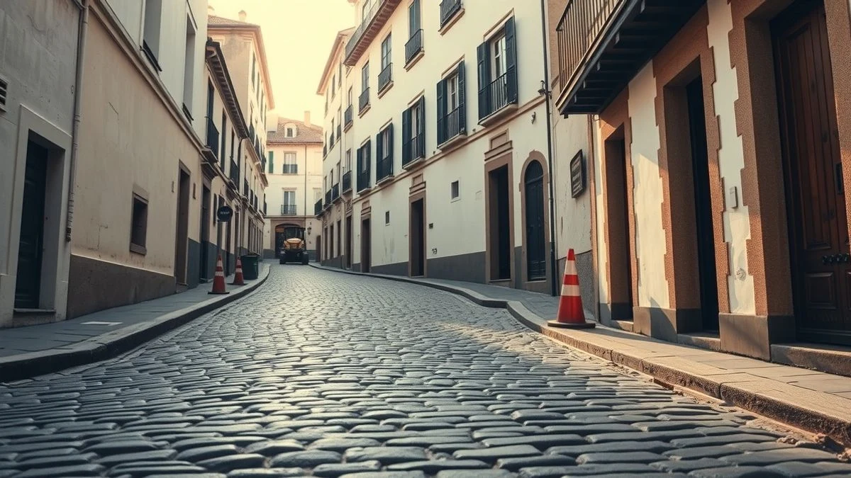Illustrative image: a narrow cobblestone street in an Andalusian village, with construction cones and an excavator in the background, viewed from a low angle with sky in the background.