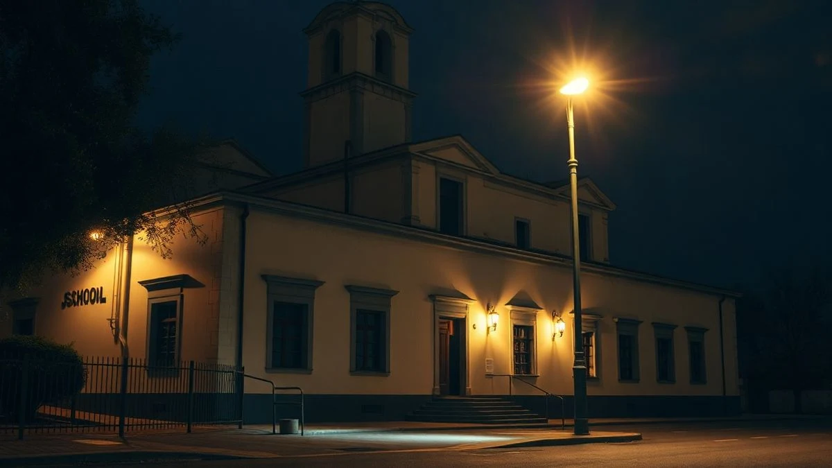 Fachada nocturna del antiguo colegio Nororma en Archidona, iluminada por farolas
