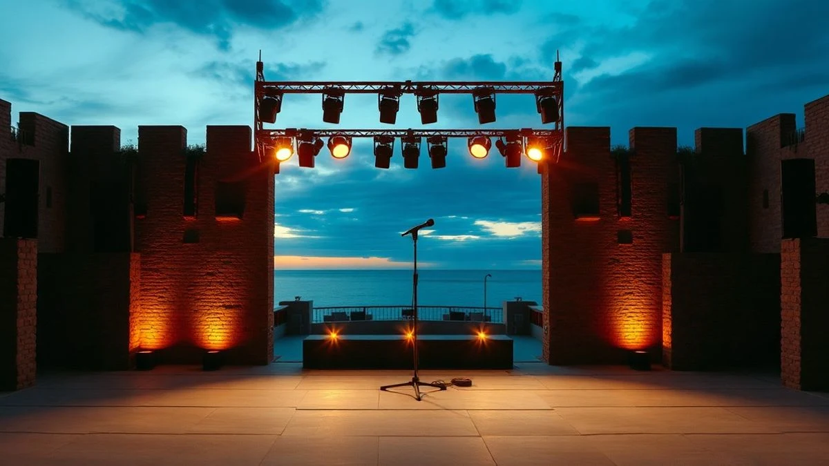 Escenario vacío del Castillo Sohail al atardecer con el mar de fondo y luces de concierto
