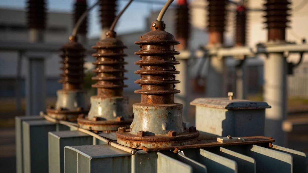 Imagen ilustrativa: primer plano macro de un transformador eléctrico con cableado de cobre y luz de atardecer