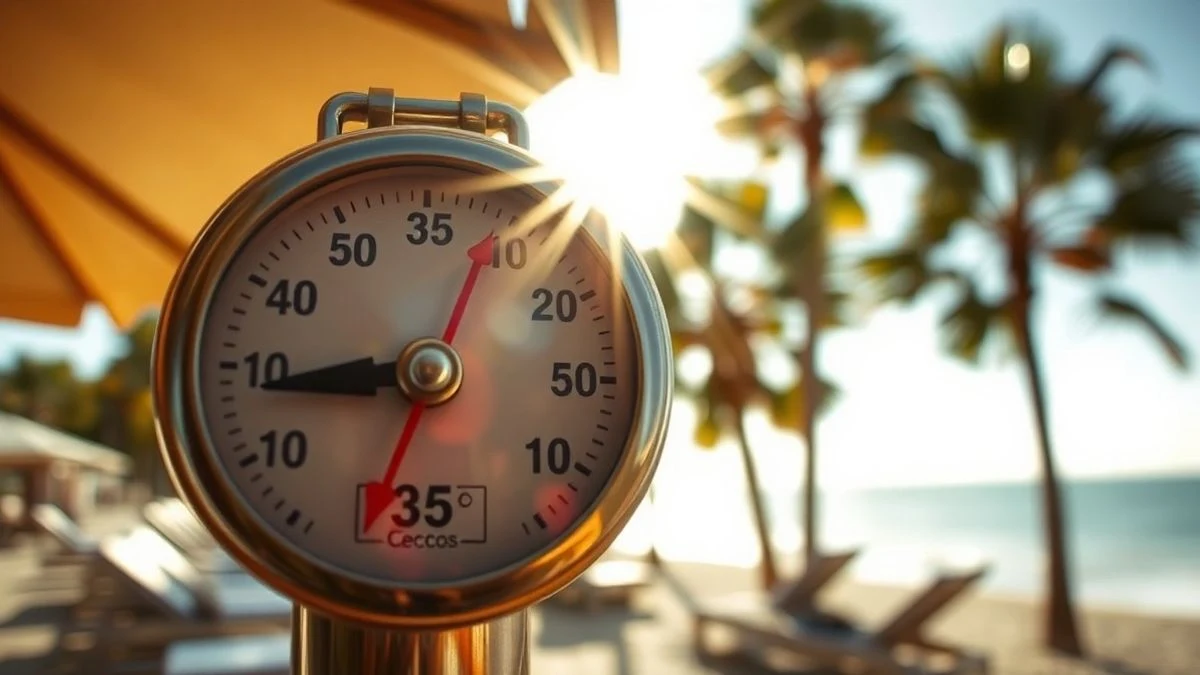 Termómetro marcando 35 grados en un entorno de playa soleado