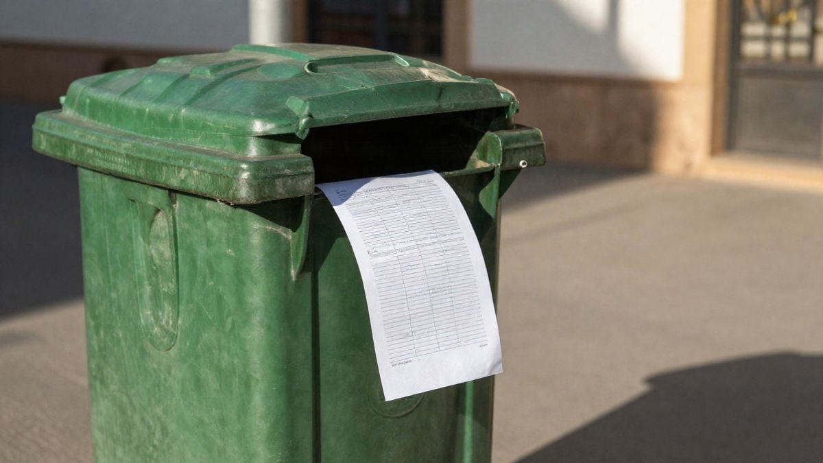 Imagen ilustrativa: un contenedor de vidrio verde con una carta apoyada, en una acera soleada.
