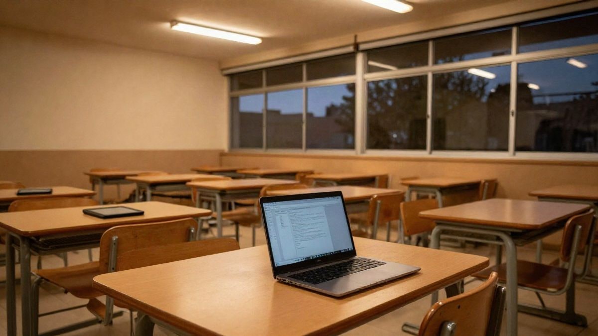 Imagen ilustrativa: aula de instituto vacía al atardecer con ordenadores portátiles y tablets sobre los pupitres