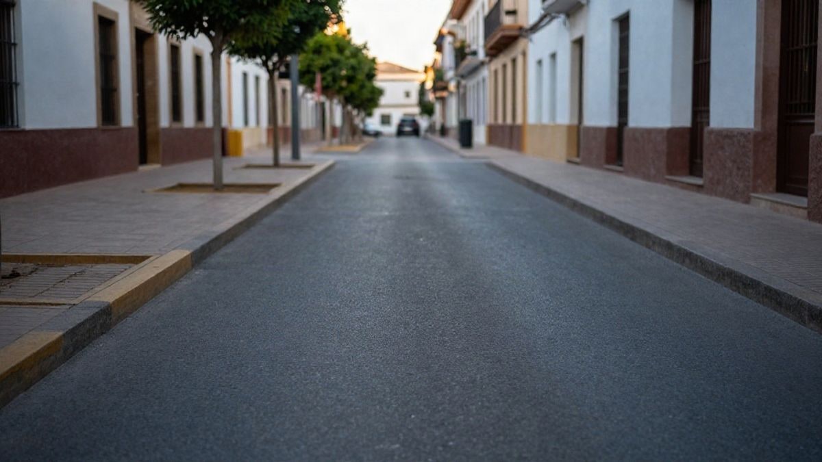 Imagen ilustrativa: calle recién pavimentada con plataforma única y líneas que convergen hacia una plaza con árboles jóvenes