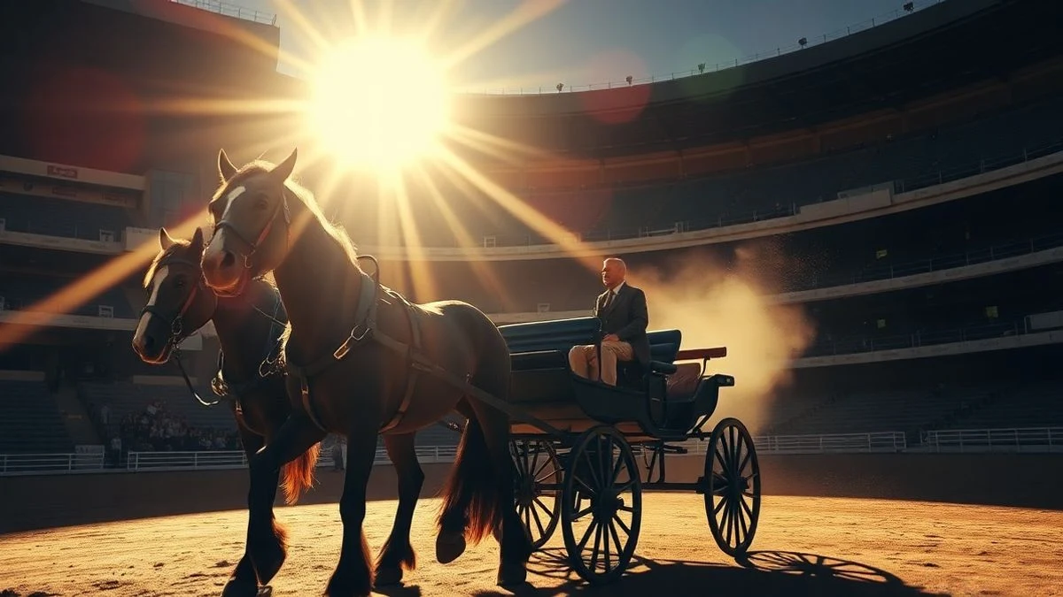 Imagen ilustrativa: un carruaje clásico con caballos en el interior de una plaza de toros al atardecer.