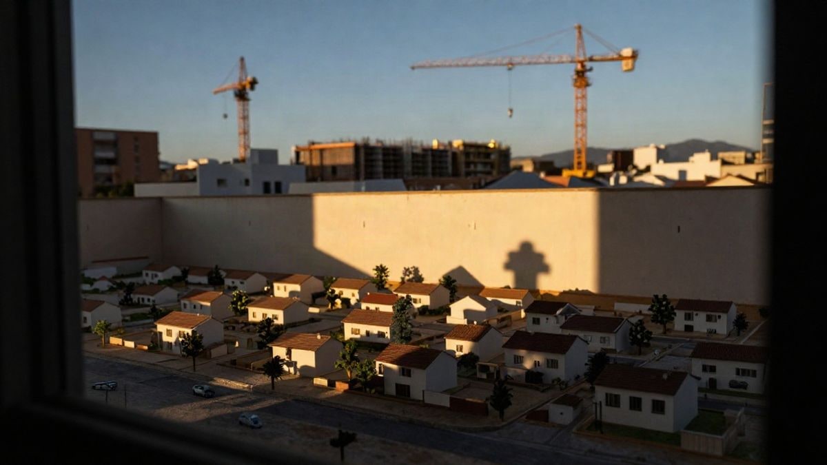 Imagen ilustrativa: maqueta de una urbanización con casas y zonas verdes al atardecer, con grúas de fondo