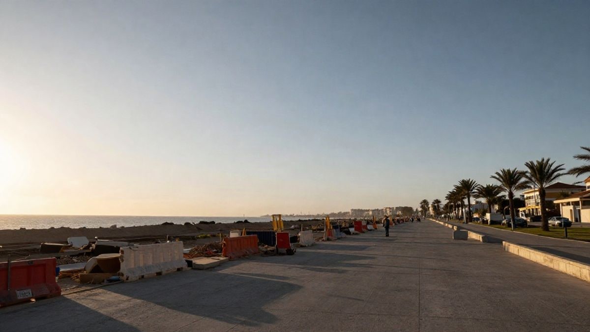 Imagen ilustrativa: paseo marítimo en obras al atardecer con un trabajador lejano y grandes espacios abiertos