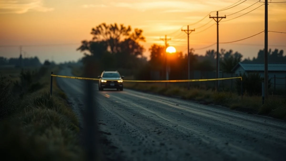 Camino rural con cinta policial y coche patrulla al fondo
