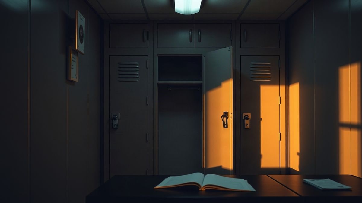 Imagen ilustrativa: taquillas metálicas abiertas en una sala de depósito de una comisaría, con luz tenue y sombras
