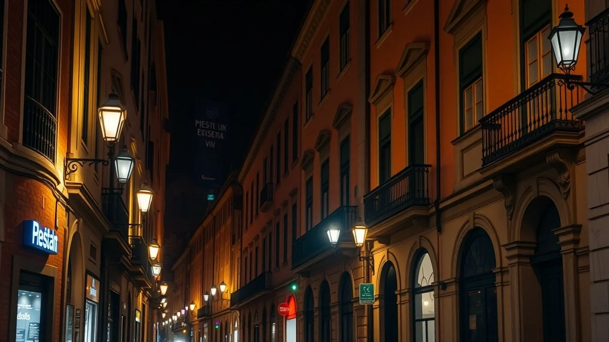 Imagen ilustrativa: calle del centro histórico iluminada con farolas y una bandera colgada en un balcón, de noche.
