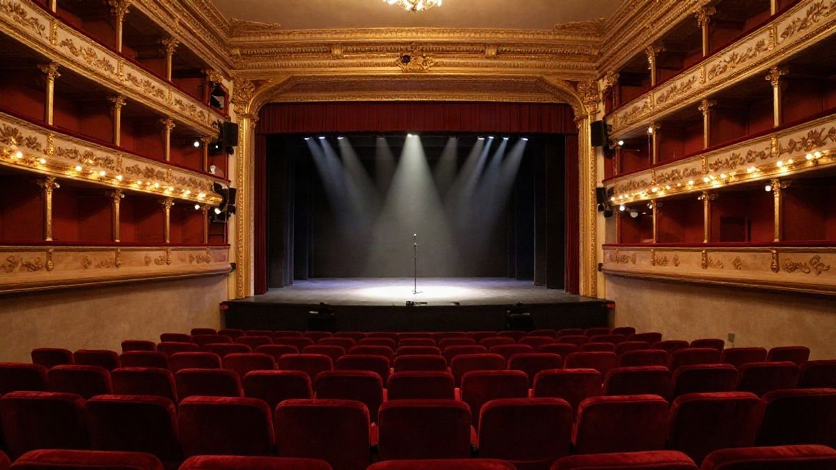 Imagen ilustrativa: escenario de un teatro clásico con luces cálidas y un atril con micrófono, sin personas.