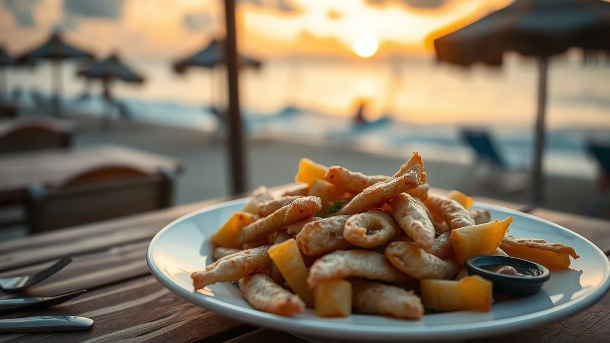 Plato de pescaíto frito sobre mesa de madera con fondo de playa al atardecer
