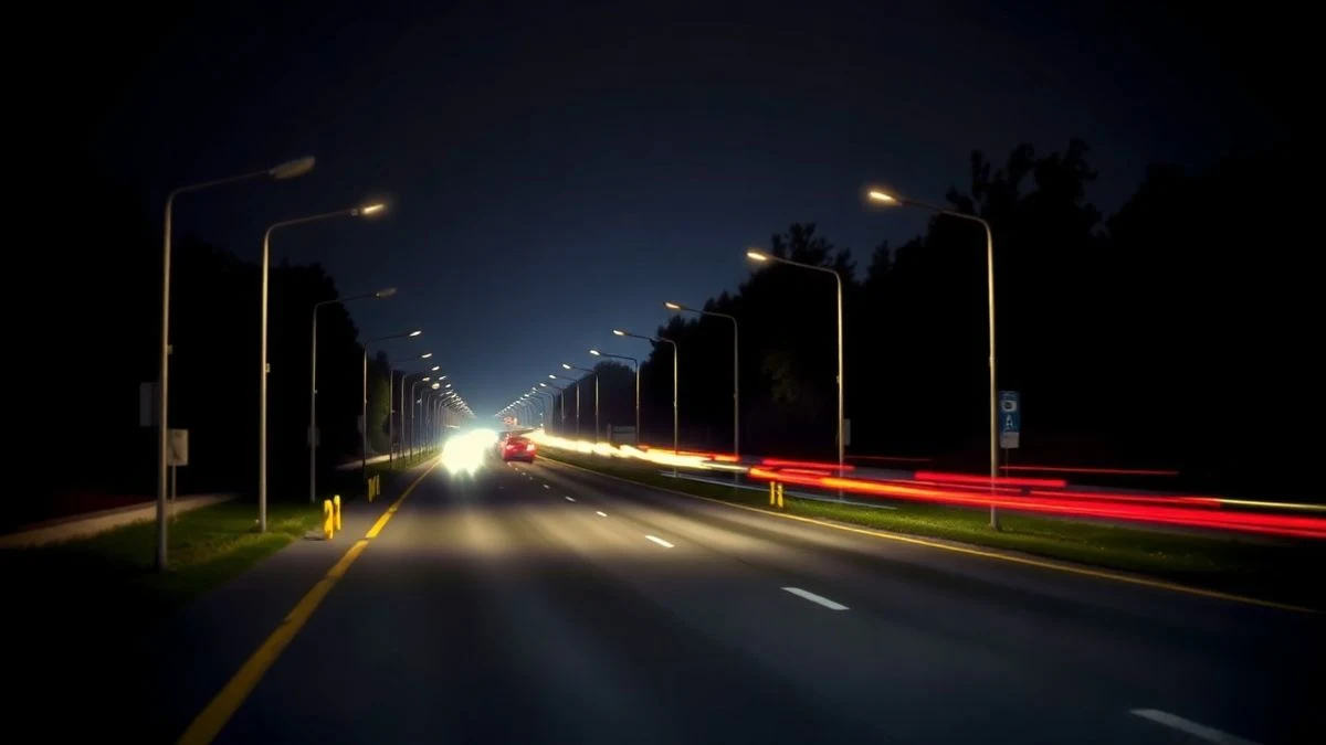 Night view of an empty motorway with streetlight lights and car trails