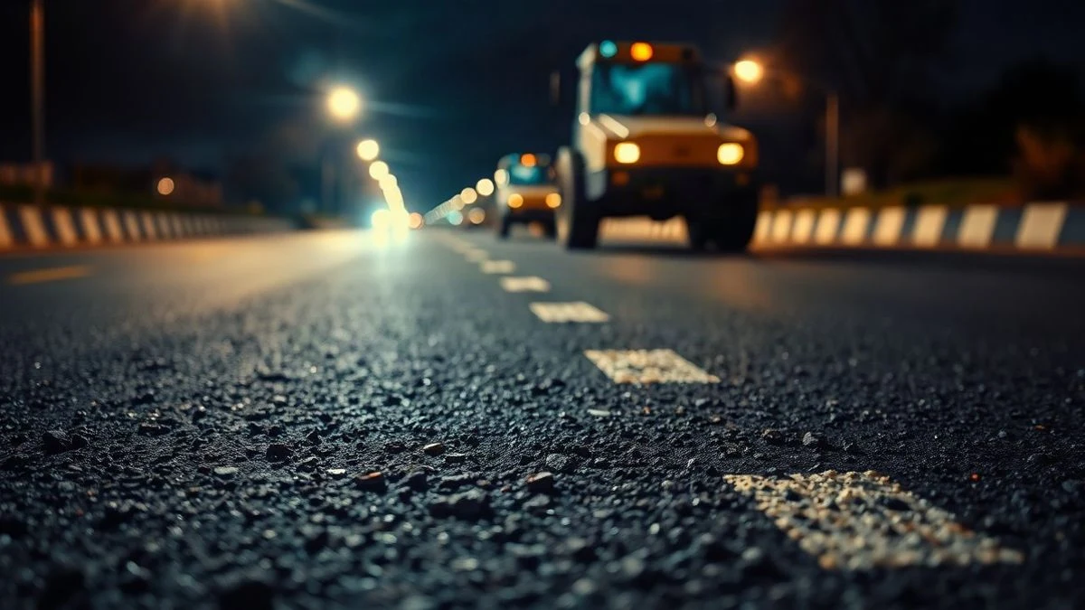 Imagen ilustrativa: detalle de asfalto recién extendido con una apisonadora trabajando de noche en una autovía.