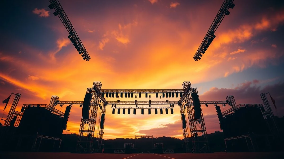 Illustrative image: empty festival stage illuminated at sunset