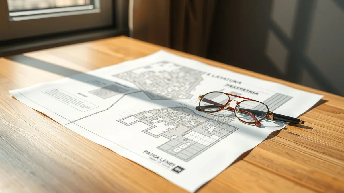 Imagen ilustrativa: un documento de planeamiento urbanístico sobre una mesa de madera, con un bolígrafo y unas gafas de lectura, iluminado por luz natural que proyecta sombras alargadas.