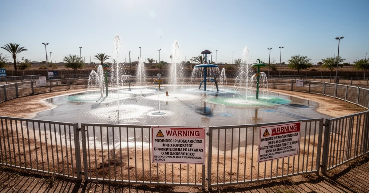 Closed water park with caution tape and cleaning equipment