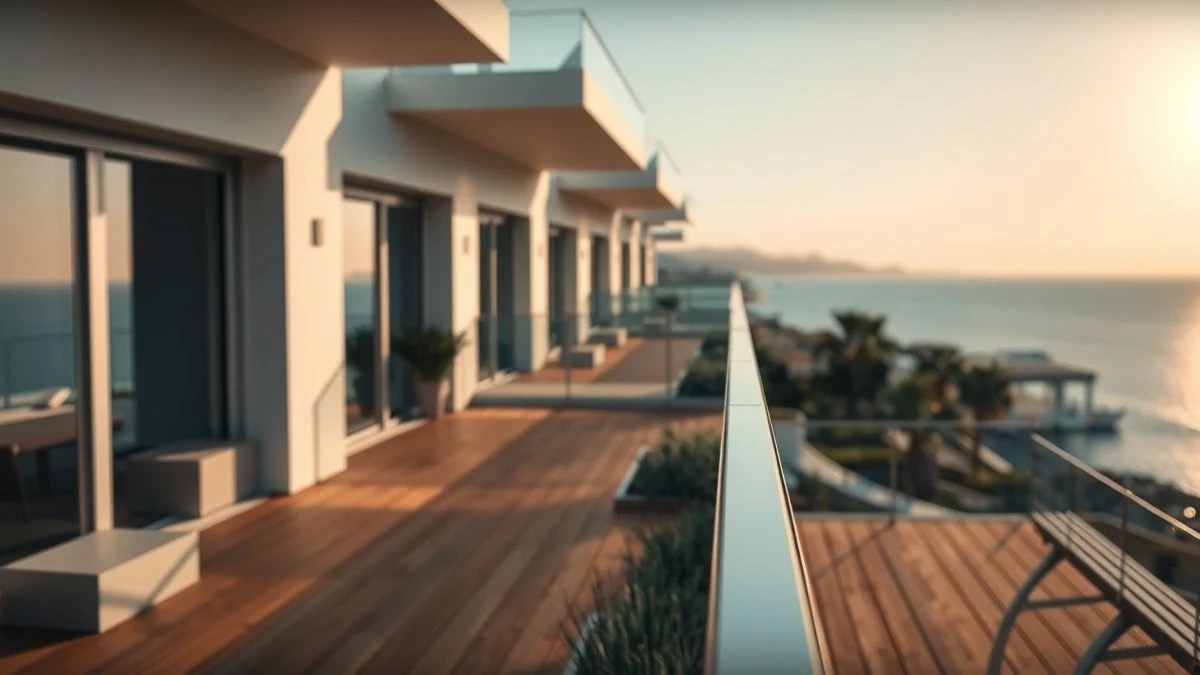 Illustrative image: terrace of a penthouse with sea views, featuring outdoor furniture and a glass railing, at sunset.